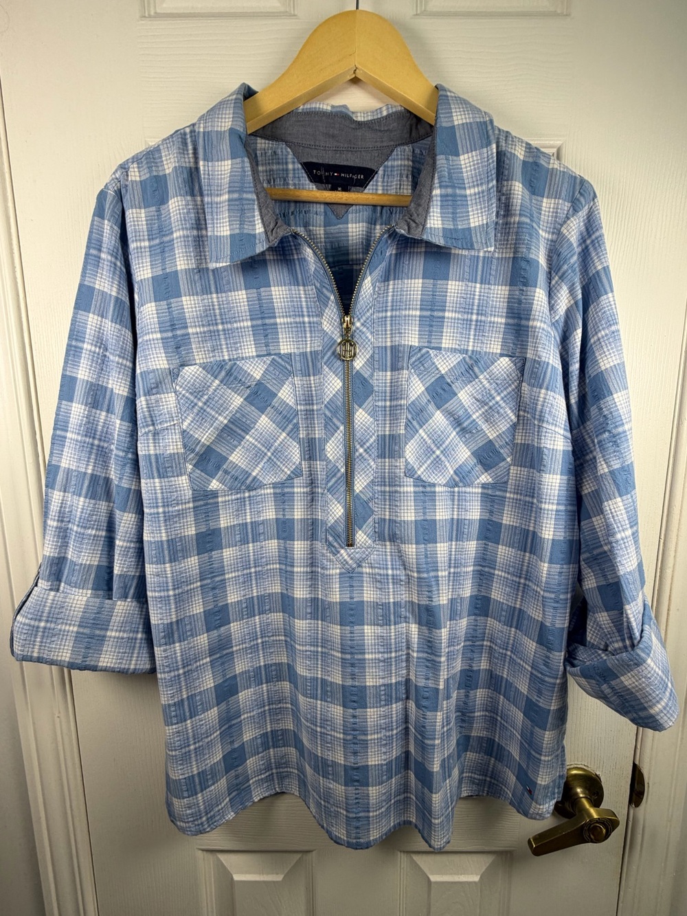 Tommy Hilfiger Plaid Half-Zip Popover Shirt XL Coastal Nautical Old Money
